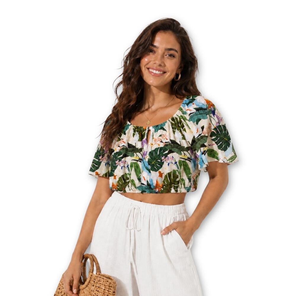 Corey Lynn Calter Anthropologie Palm Linen Cropped Top Size L White Green Bird
